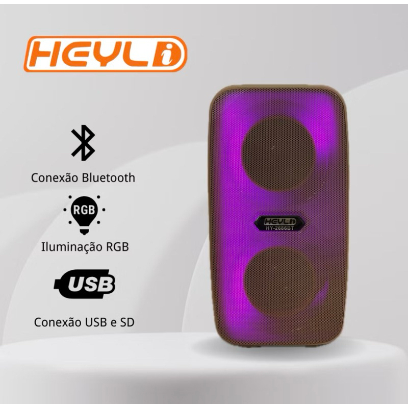 Caixa de Som Portátil Bluetooth com LED / Rádio FM, conexão USB e SD / HY-2686BT