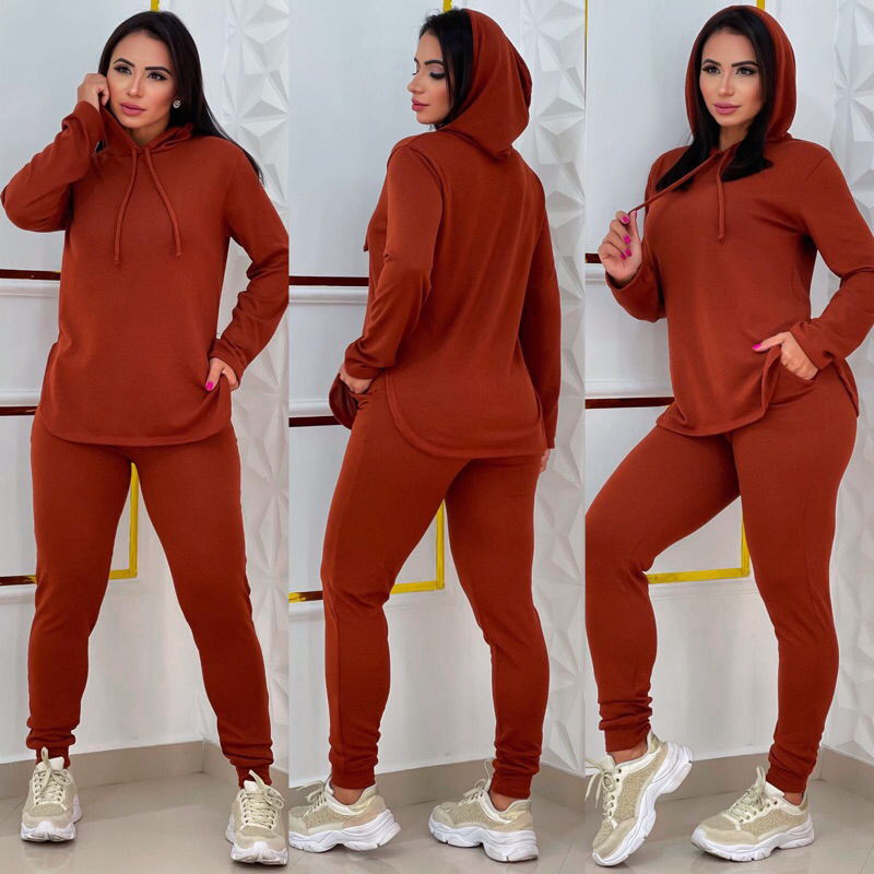 Conjunto Capuz Touca Lanzinha Feminino Outono Inverno 2 Peças Calça e Blusa Manga Longa