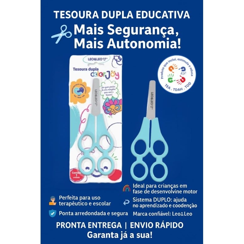 Tesoura Inclusiva Dupla Escolar Infantil 17cm Tandem Color Joy TEA TDAH TOD em Oferta na Shopee