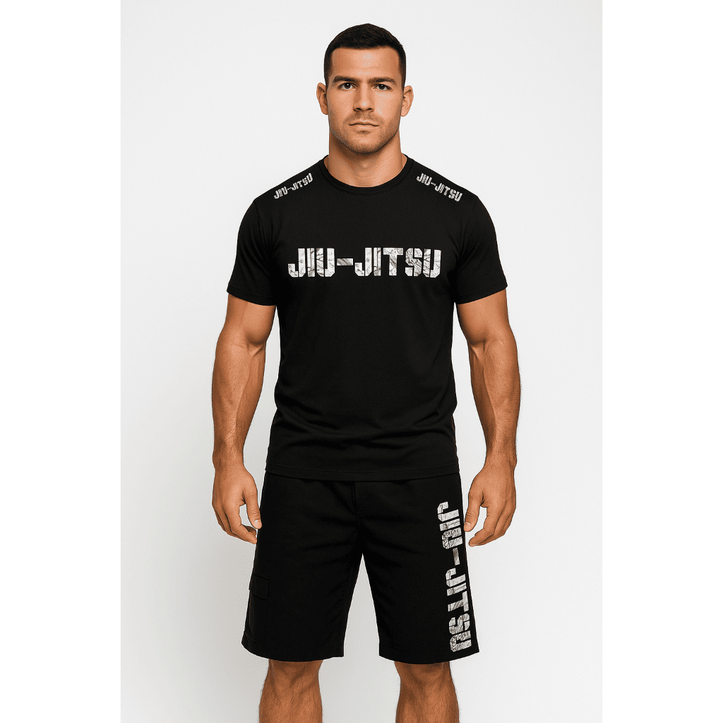 Conjunto Camisa e Bermuda de Jiu Jitsu Treino Nogi Preto Academia Masculino Dry Fit