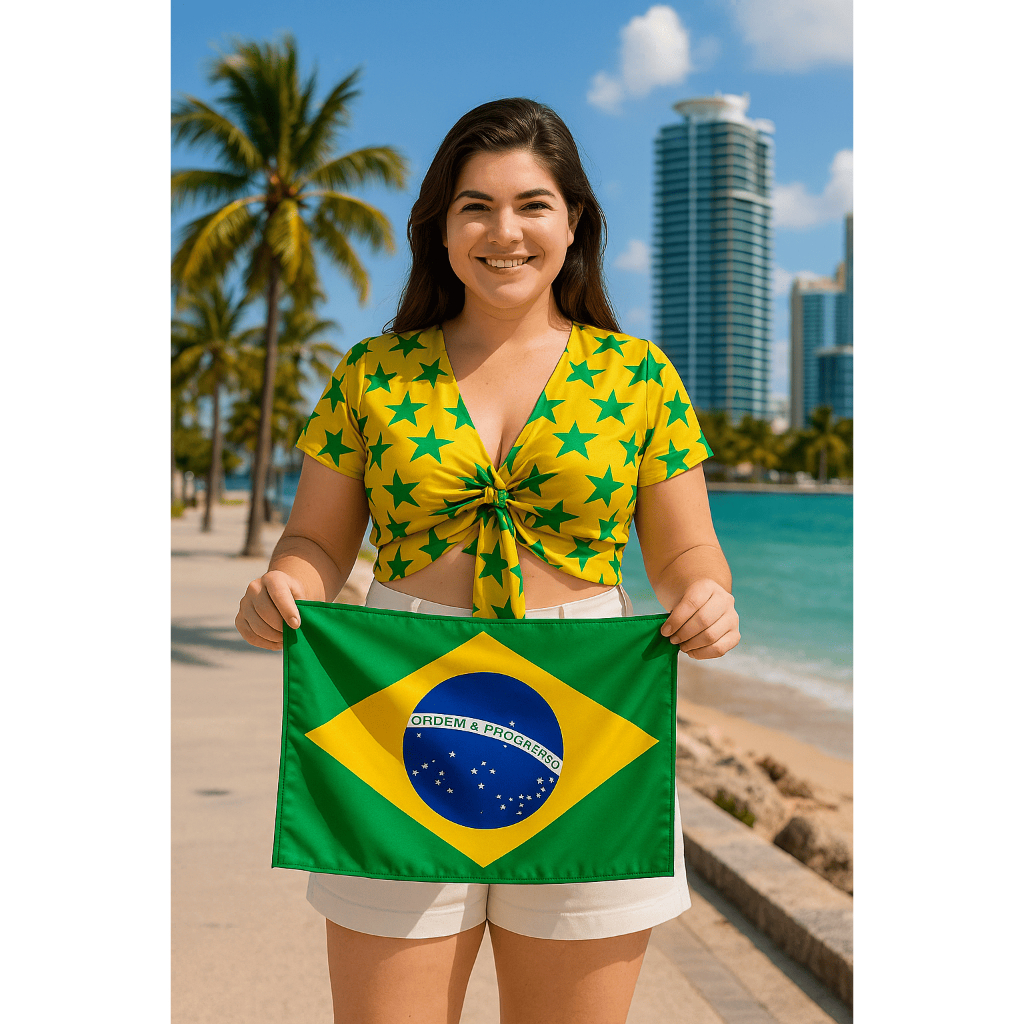 Detalhes do Blusa Cropped Feminina Brasil Copa Eleição Verde e Amarela Cetim Com Amarração