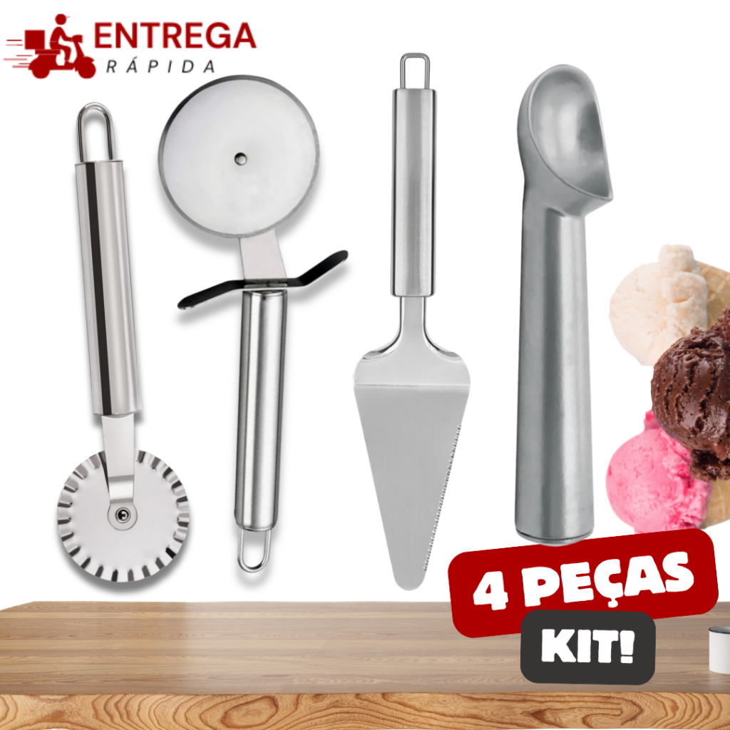 Confeitaria 4 Utensílios para Cozinha Profissional Inox Espátula Bolo Cortador Pizza Sorvete Pastel