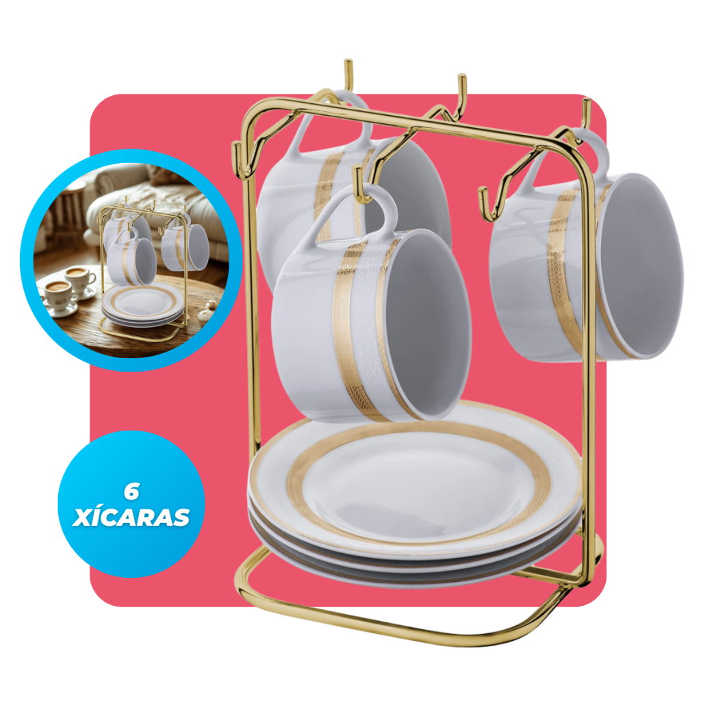 Suporte Porta Organizador Xícaras e Pires de Cha Elegante Cantinho do Cafe Dourado Gold Future em Oferta na Shopee