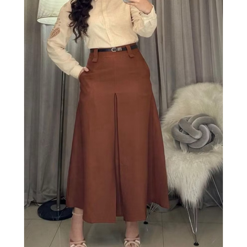 SAIA LONGA ALFAIATARIA FIT E FLARE FEMININA MODA EVANGÉLICA CINTURA ALTA FENDA FECHADA em Oferta na Shopee