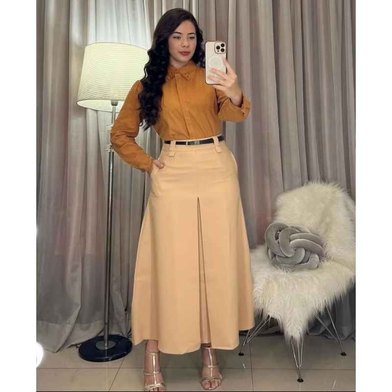 Saia Longa Alfaiataria Fit e Flare Feminina Moda Evangélica Cintura Alta Fenda Fechada em Oferta na Shopee