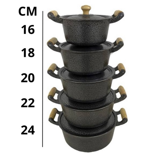 Imagem Jogo De Panela Cacarola Aluminio Batido Grosso - 5 pecas 16 ao 24 cm Preto Craqueado Premium