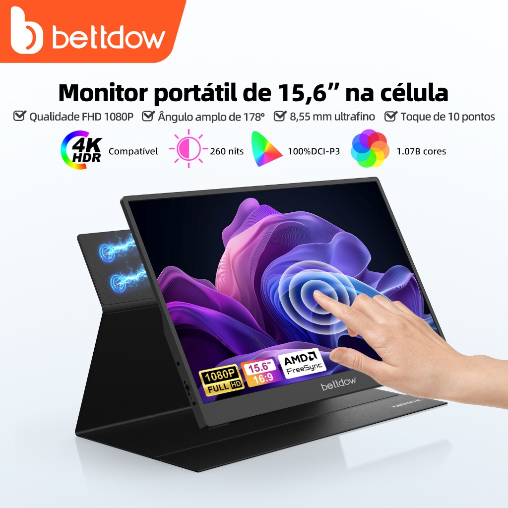 BETTDOW Monitor portátil Touchable 15.6'' 1920*1080P 4K com tela IPS Full HD Alto-falantes...