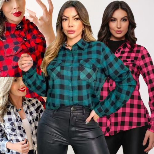 Camisa Xadrez Feminina Quadriculado Manga Longa Viscose Rodeio Feminino Blusa Mulher Para Quadrilha