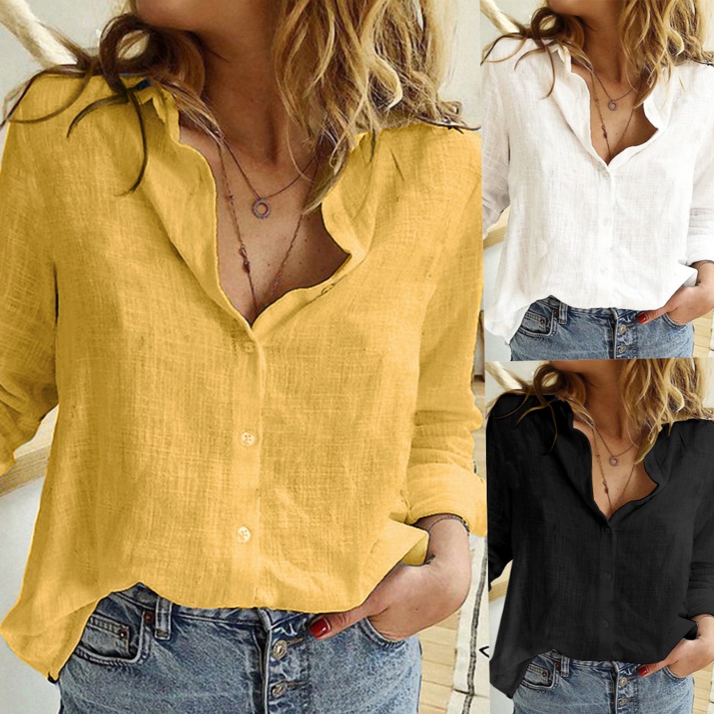 Camisas Femininas Linho Solta de Manga Comprida de Cor Liso Top Casual com Botões Frontais em Oferta na Shopee