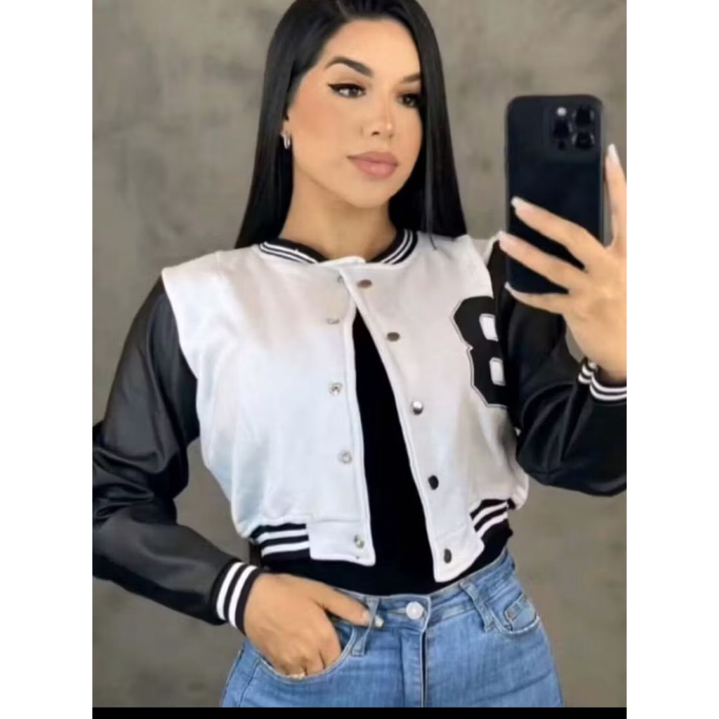 Jaqueta bomber moletom feminina, com botões manga couro, estilo colegial moda blogueira inverno