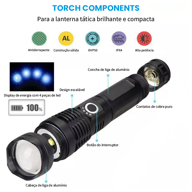 Lanterna Tática Super Potente Led Luz Forte Zoom Mecânico 18,5cm Recarregável USB Camping HW12