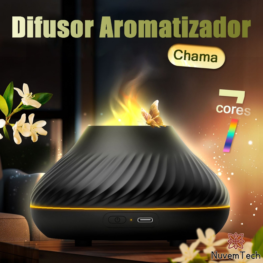 Difusor De Aroma Aromatizador De Ambiente Óleo Essencial Eletrico USB LED Chama Umidificador De Ar