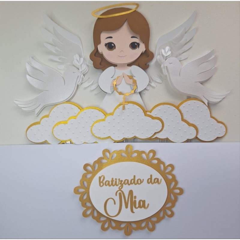 Topo de bolo batizado Menina Anjinha Anjinho personalizado cake topper batismo apresentação