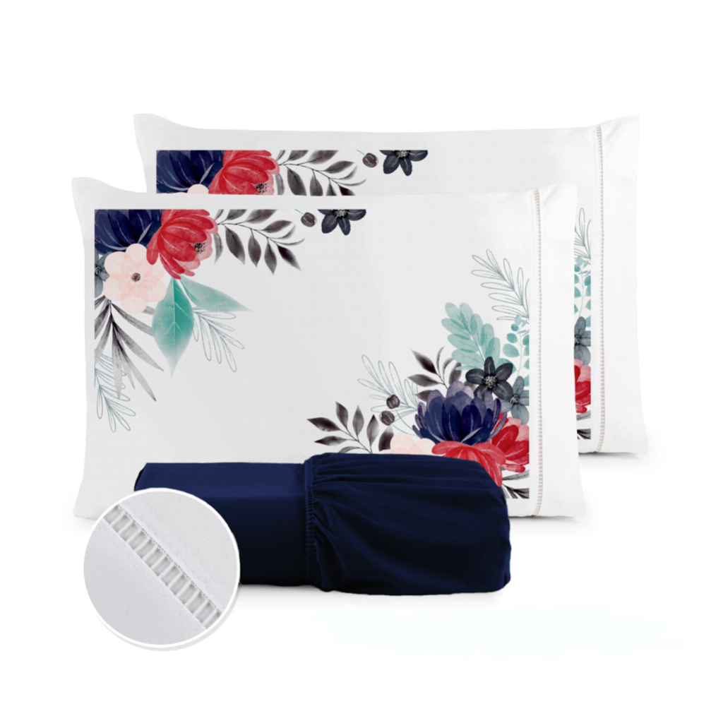 Kit Jogo de Lençol Solteiro Fronha Estampada Micropercal 400 Fios Ponto Palito - Flor Vermelha