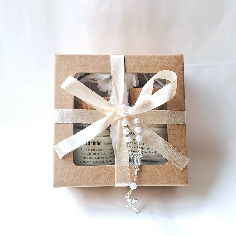 Caixa Padrinhos Velas Aromáticas. Duas mini velas e mini terço