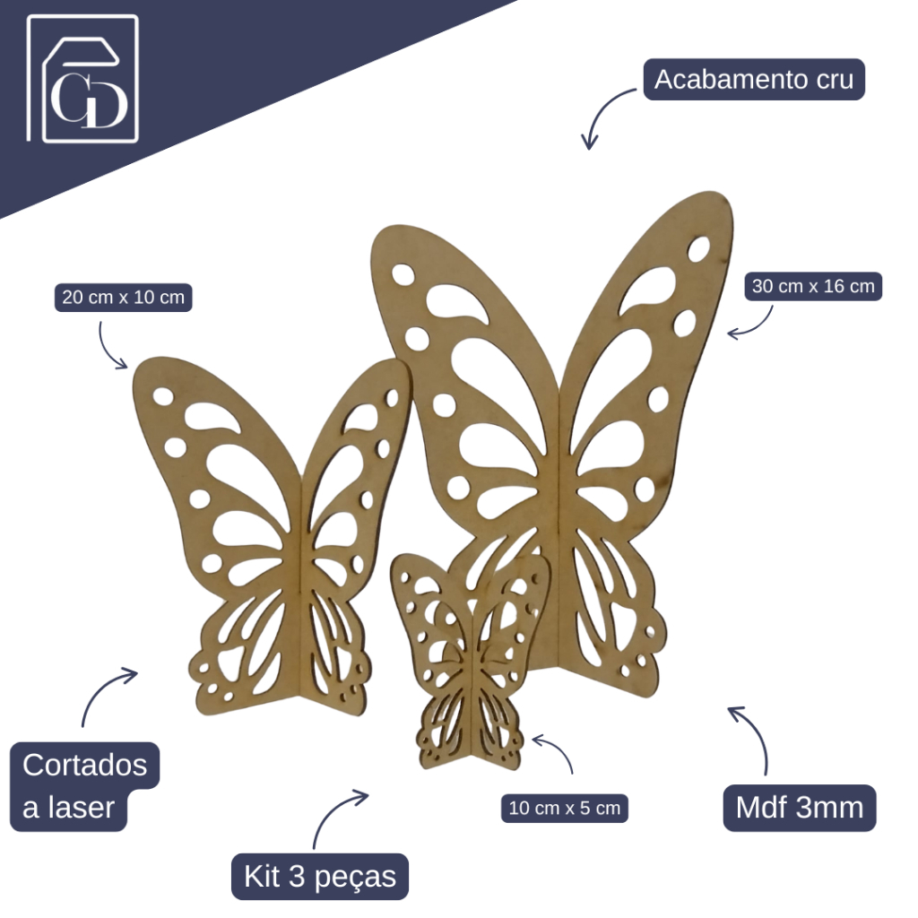 Trio de Borboletas display centro de mesa, MDF crú decoração festas aniversários jardim(10/20/30cm) em Oferta na Shopee