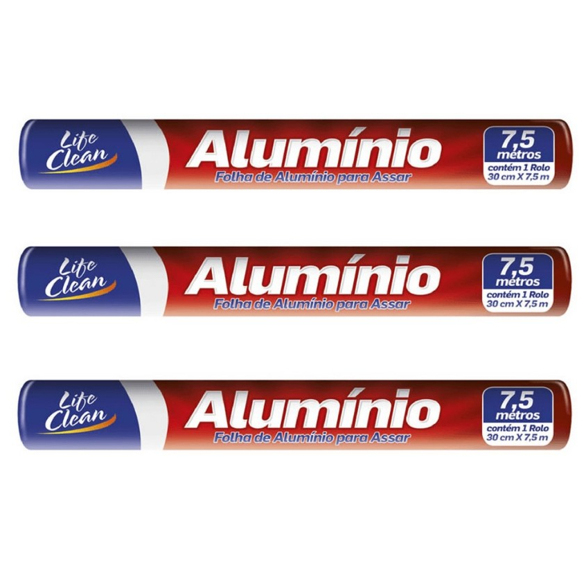 Kit 03 Folha Rolo Papel De Alumínio Resistente 30cm x7,5 metros Life Clean Para Assados Suporta Altas Temperaturas