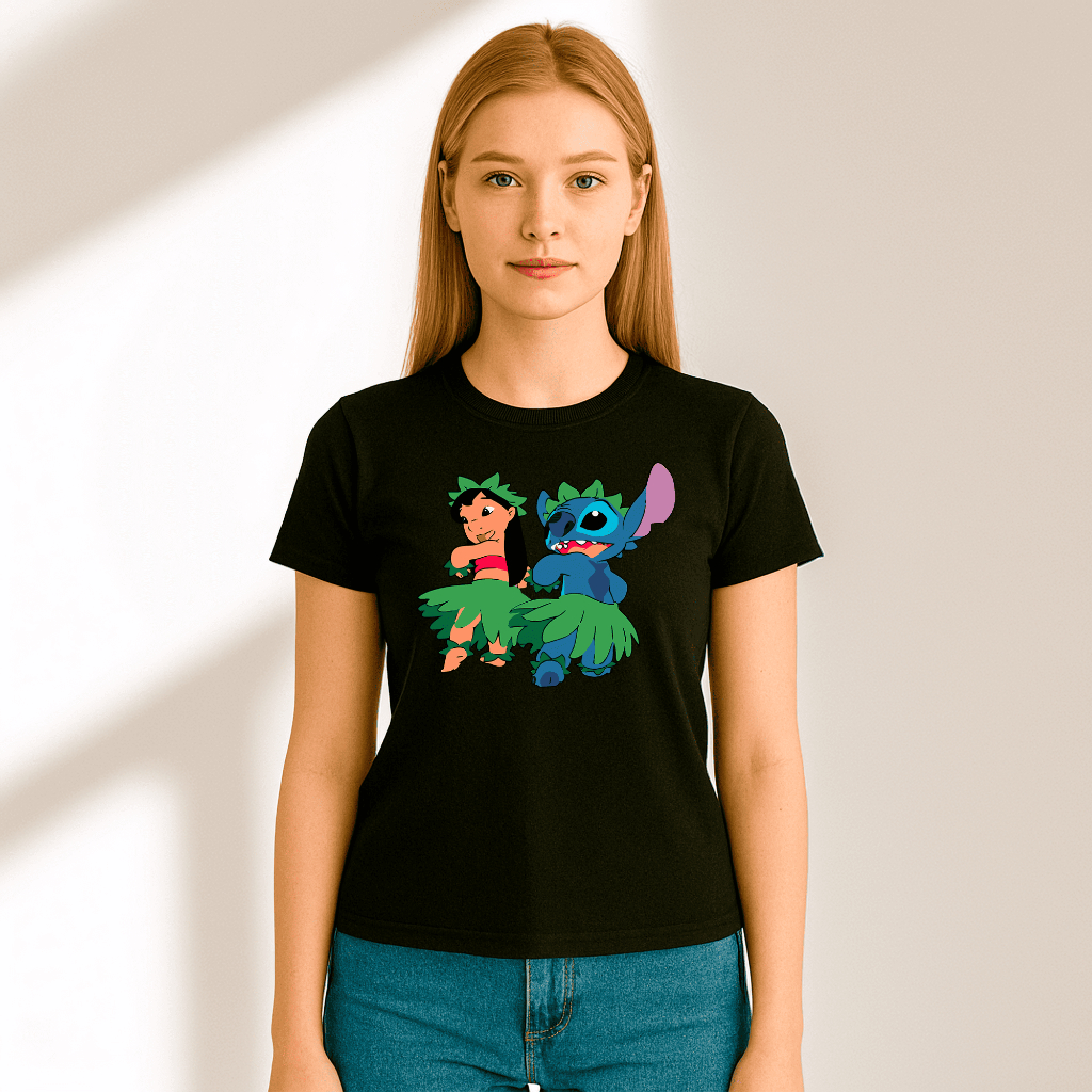 Camisa Feminina Stitch Lilo Dança 100% Algodão Casual Estampada Confortável Tshirt Camiseta Streetwear Blusa Leve