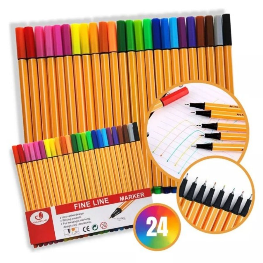 Kit 24 a 12 Canetinhas Cores Caneta Colorida Fine Line 0.4mm Material Escolar Ponta Fina Volta Aulas
