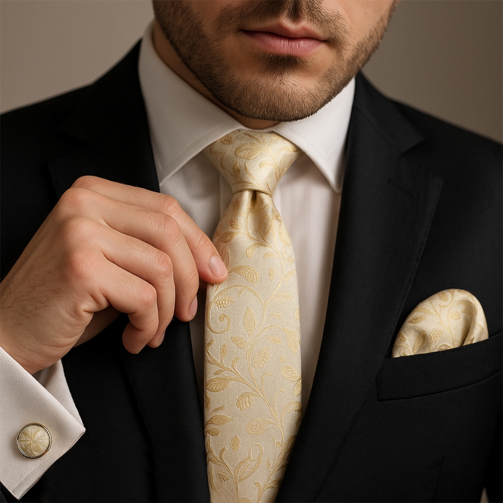 Gravata Masculina 100% Seda Luxo Lenço Abotoaduras Social Dourada Hie - Tie Social