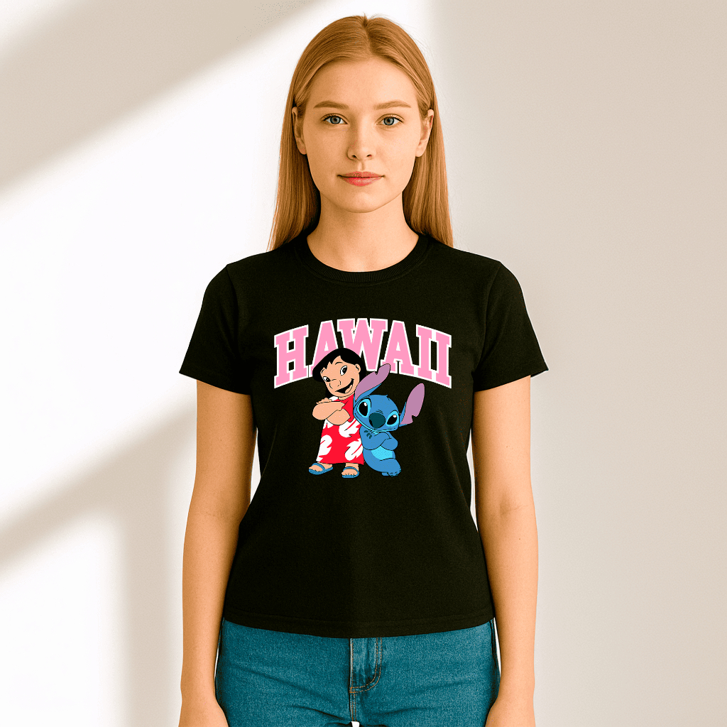 Camisa Feminina Stitch Lilo Hawaii 100% Algodão Casual Estampada Confortável T-shirt Camiseta Streetwear Blusa Leve