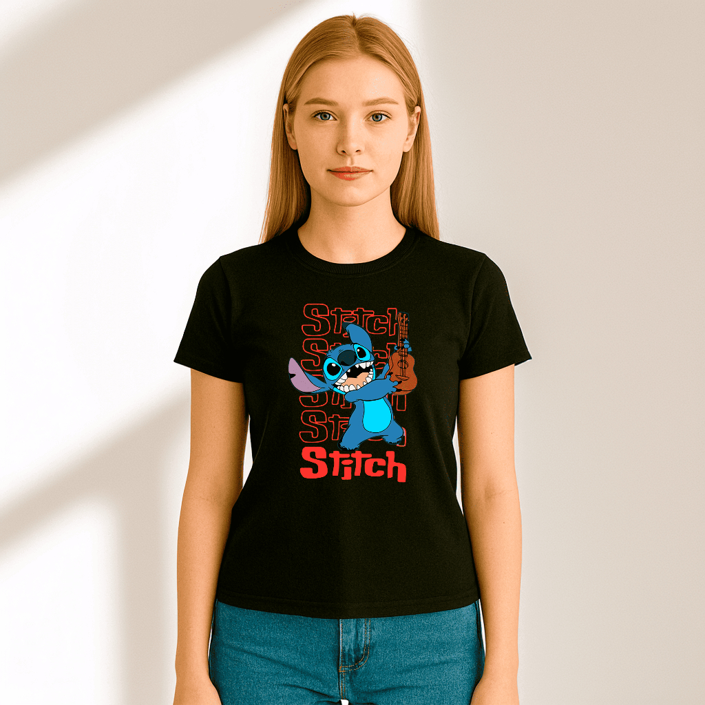 Camisa Feminina Stitch Lilo Ukulele 100% Algodão Casual Estampada Confortável Tshirt Camiseta Streetwear Blusa Leve