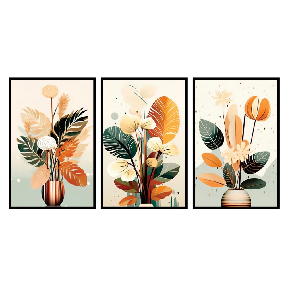 Quadros Decorativos Jarros Folhagem Bege Folhas Verdes Mosaico Sala Quarto Escritório 50X30 Premium em Oferta na Shopee