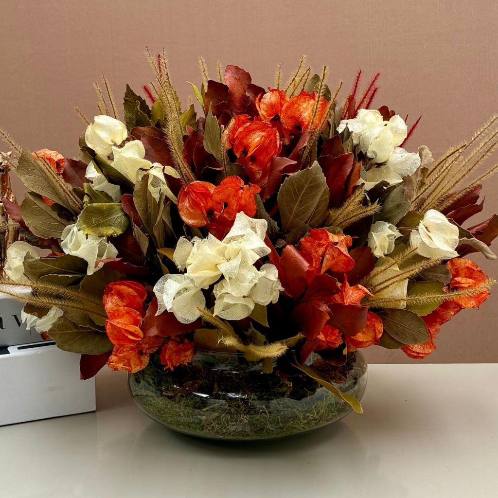 Arranjo De Mesa Terracota Flores Desidratadas Luxo Elegância com Vaso de Vidro