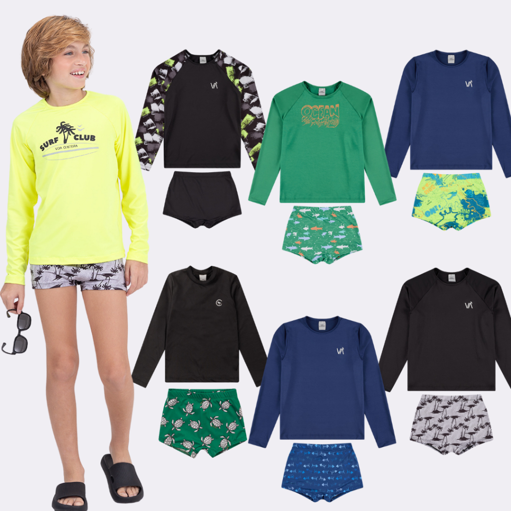 Kit Sortido 6 Peças de Roupas Infantis Menino Moda Praia- 3 Camisas + 3 Sungas