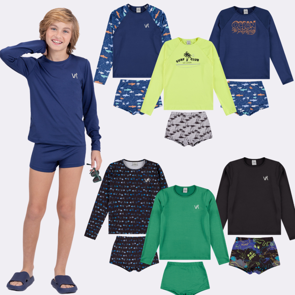 Kit Sortido 4 Peças de Roupas Infantis Menino Moda Praia- 2 Camisas + 2 Sungas