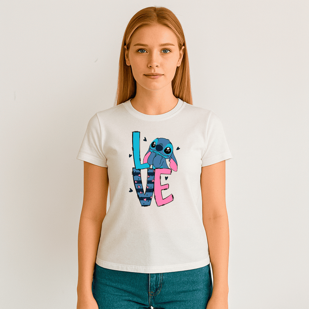 Camisa Feminina Stitch Lilo Love 100% Algodão Casual Estampada Confortável Tshirt Camiseta Streetwear Blusa Leve