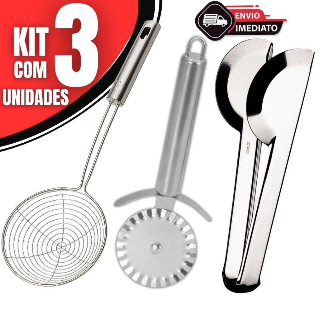 Pegador Inox + Escumadeira Fritura + Cortador de Pastel | Kit Utensílios Cozinha em Oferta na Shopee