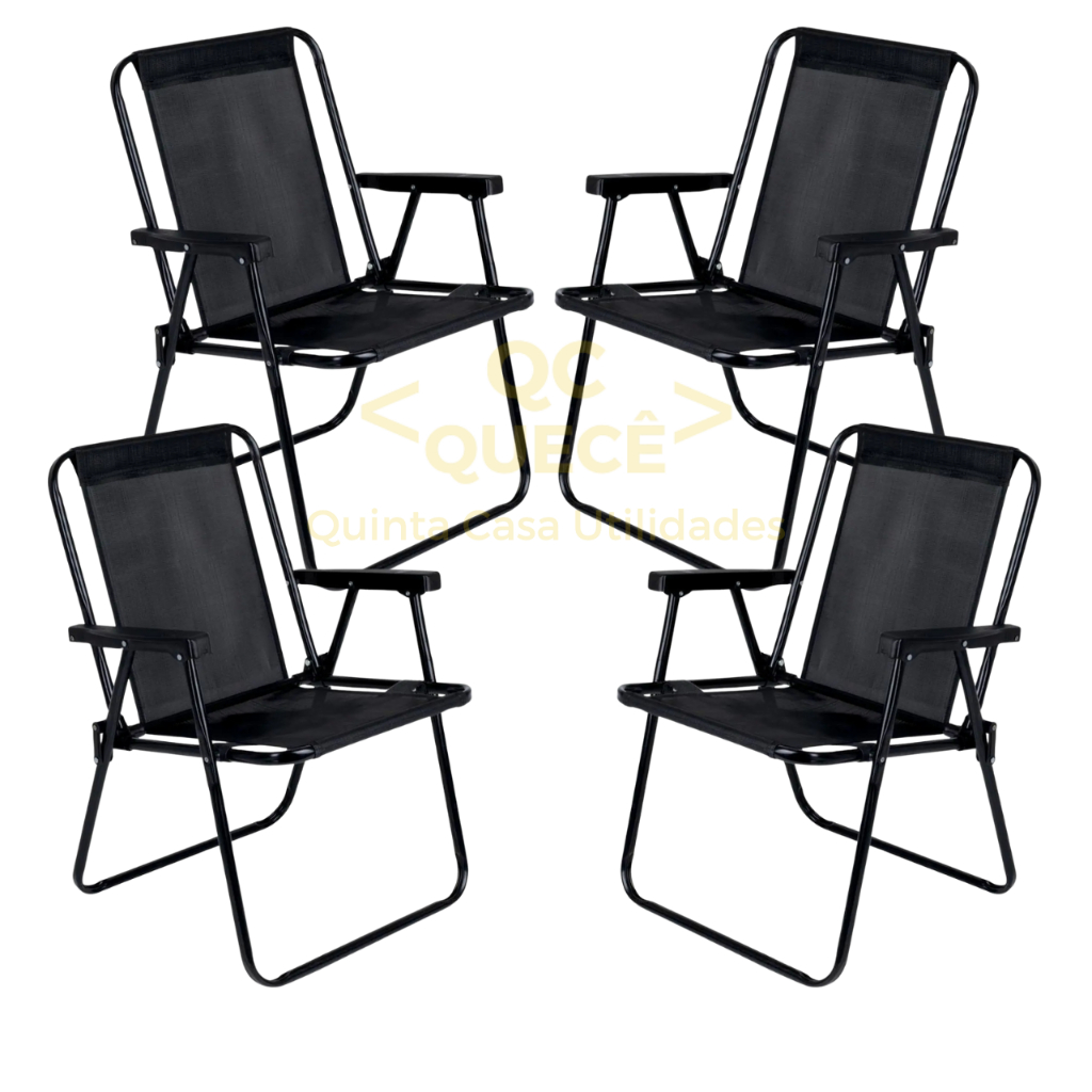 Jogo 4 Cadeira Alta Preta MOR Dobrável Reforçada até 110kg Praia Varanda Camping Jardim