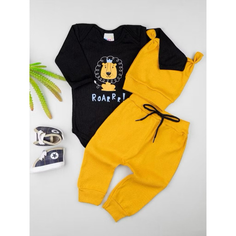 Conjunto Bebê Menino Body Manga Longa, Calça e Touca