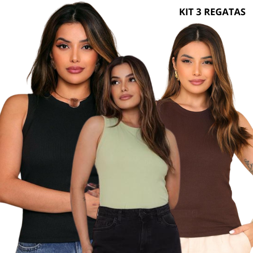 Kit 3 Blusas Regata Canelada Ribana Casual Moda Blogueira lisa Básica