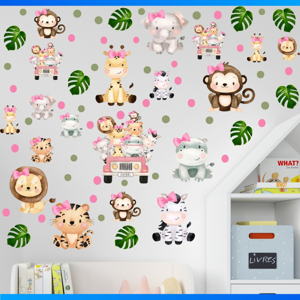 Kit de 47 Adesivos Recorte Animais Safari + Bolinhas - Papel de Parede Infantil em Oferta na Shopee