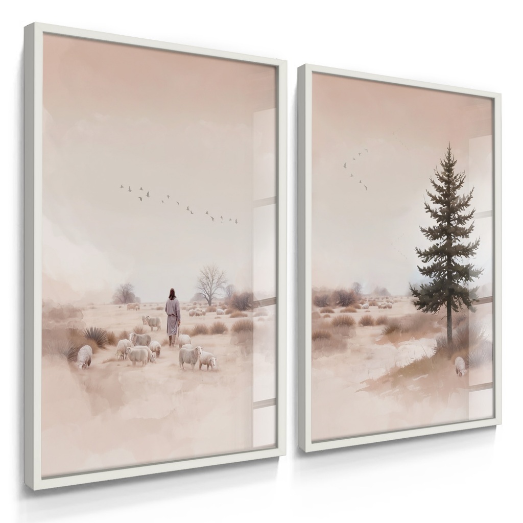 Quadros Kit Dupla Jesus Pastor 70X50 Com Moldura Escolher