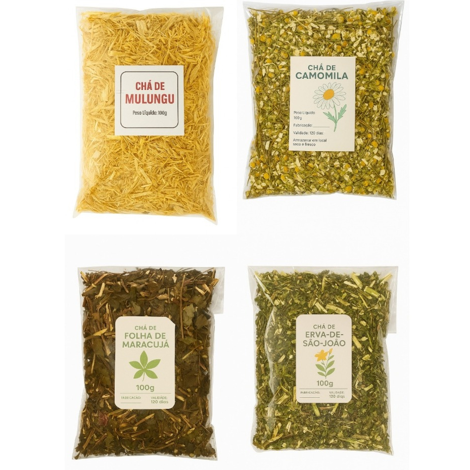 Chás Naturais 100 g – Mulungu, Camomila, Folha de Maracujá e Erva-de-São-João