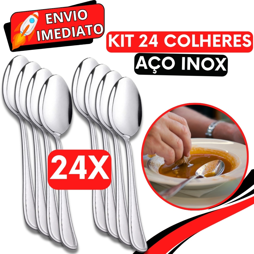 KIT 24 Peças Colher de Mesa Sopa Talher GRANDE Aço Inox Polido Arroz Caldinho Para Casa Cozinha Bar Restaurante Buffet