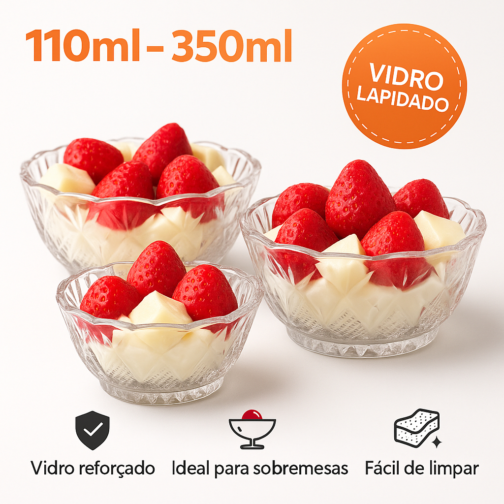 Jogo 6 Taças de Vidro Premium 350ml para Sobremesa – Luxo Mesa Posta
