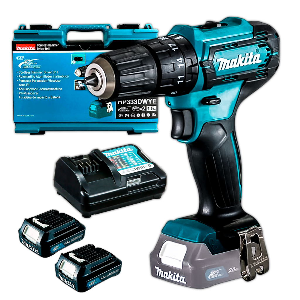 Furadeira Parafusadeira Makita HP333DWYE 12V CXT c/ Impacto Maleta, 2 Baterias Profissional Potente