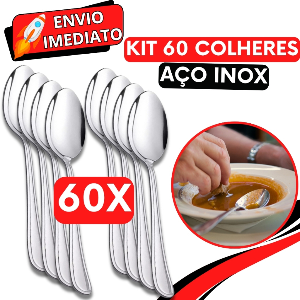 KIT 60 Peças Colher de Mesa Sopa Talher GRANDE Aço Inox Polido Arroz Caldinho Para Casa Cozinha Bar Restaurante Buffet