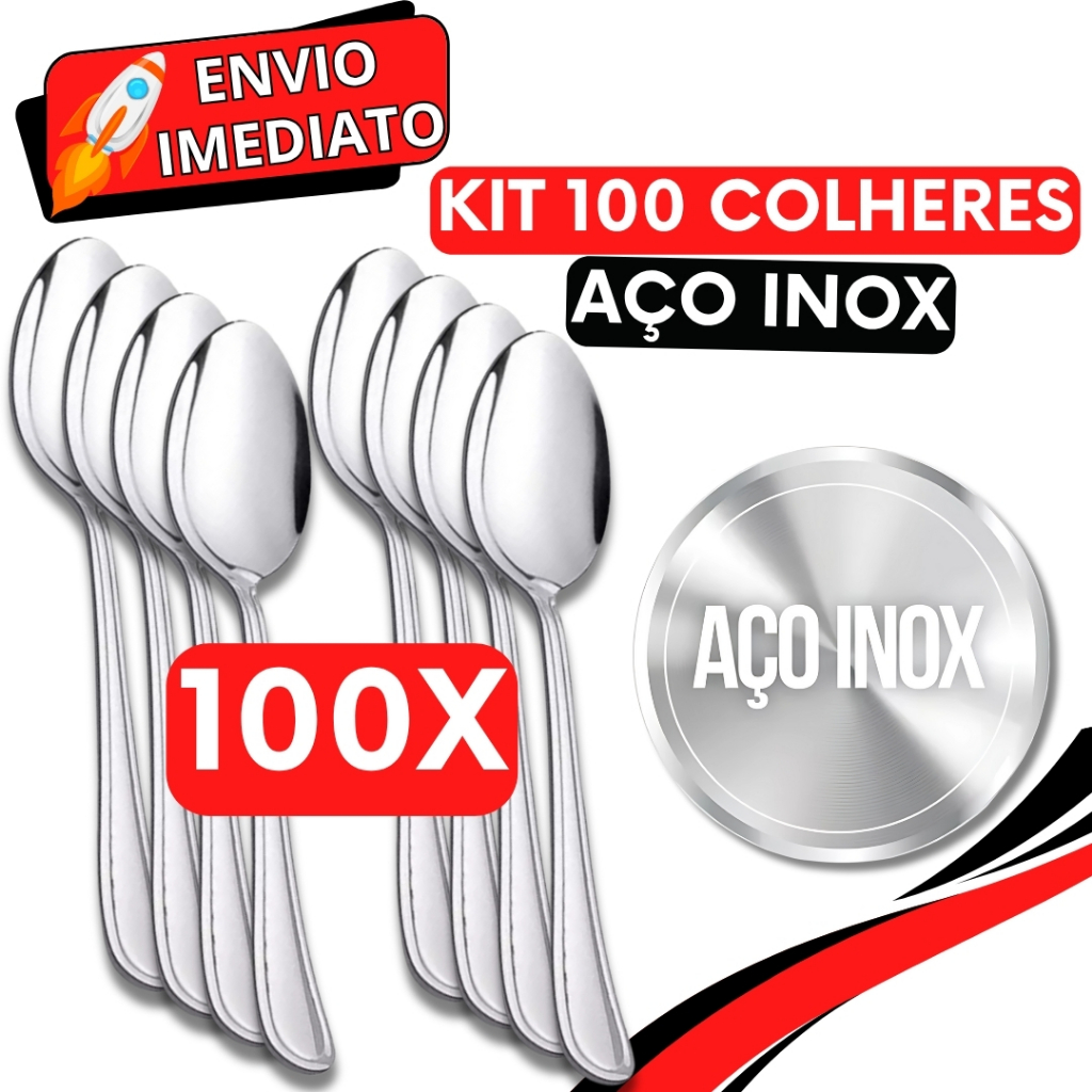 KIT 100 Peças Colher de Mesa Sopa Talher GRANDE Aço Inox Polido Arroz Caldinho Para Casa Cozinha Bar Restaurante Buffet