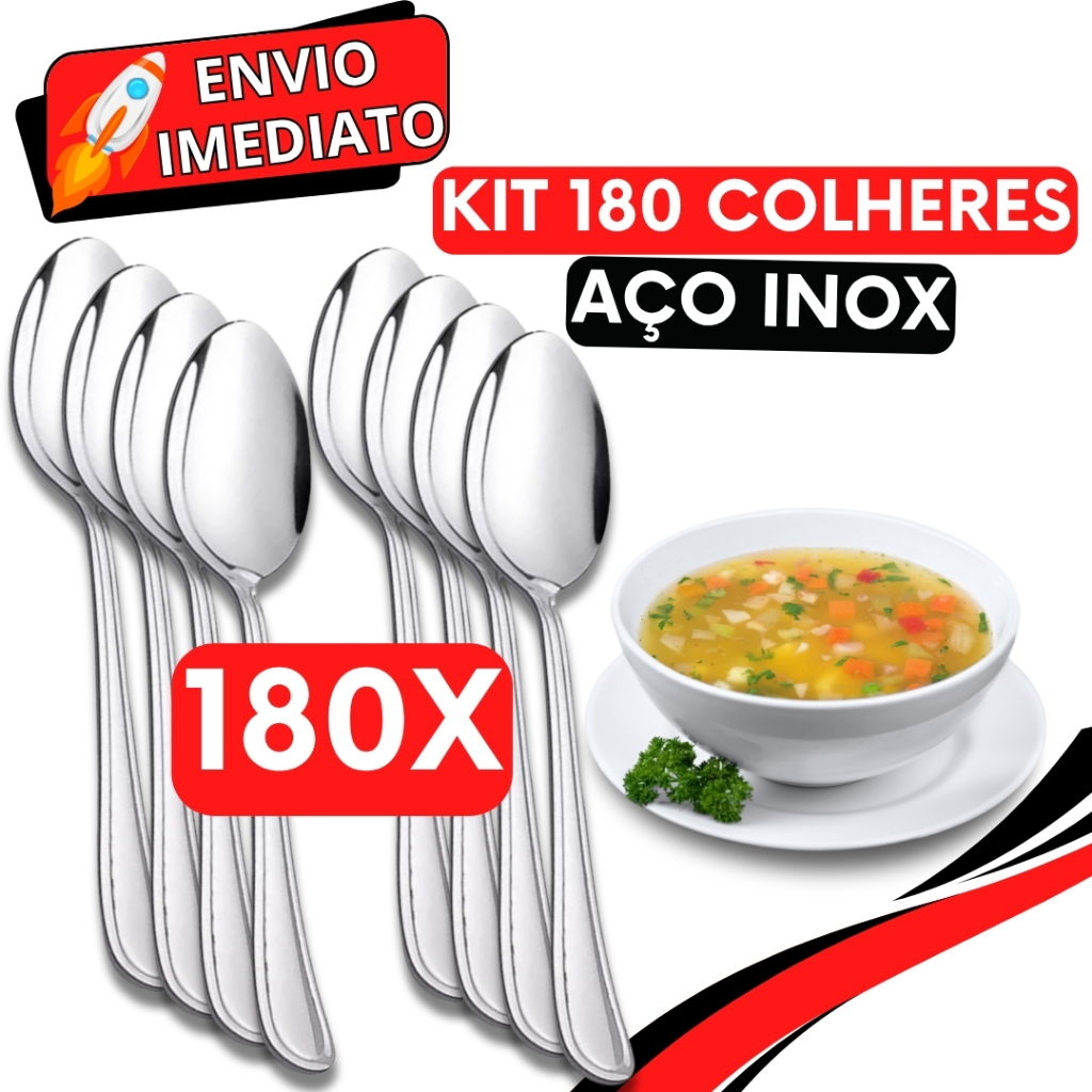 KIT 180 Peças Colher de Mesa Sopa Talher GRANDE Aço Inox Polido Arroz Caldinho Para Casa Cozinha Bar Restaurante Buffet