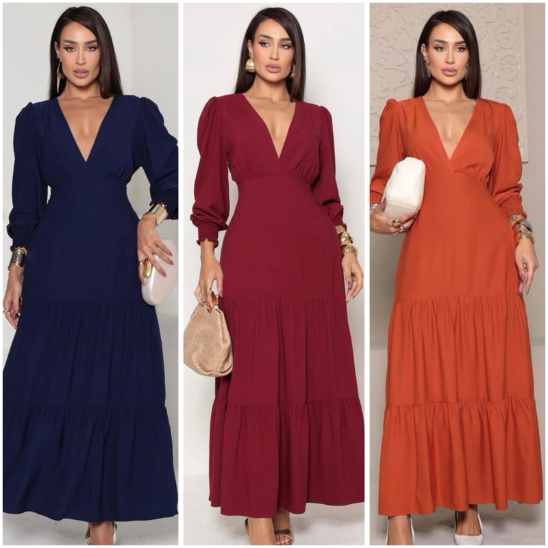 vestido longo femenino manga longa luxo decote V tejido  duna