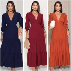 vestido longo femenino manga longa luxo decote V tejido duna