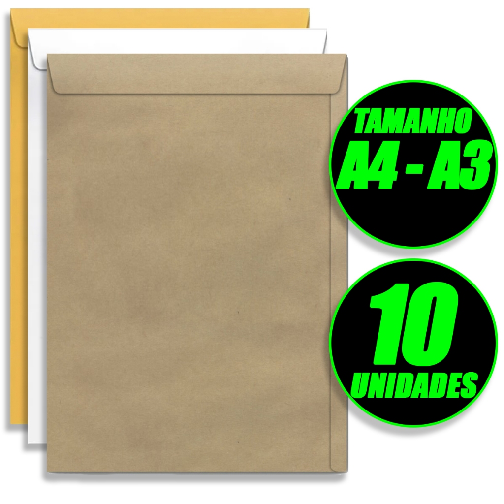 Kit C/ 10 Unidade Envelope de Documento Escritório Oficio A4 A3