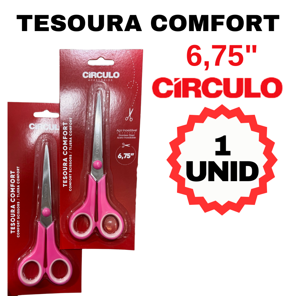 TESOURA COMFORT ROSA CÍRCULO - 6,75" 17,2CM