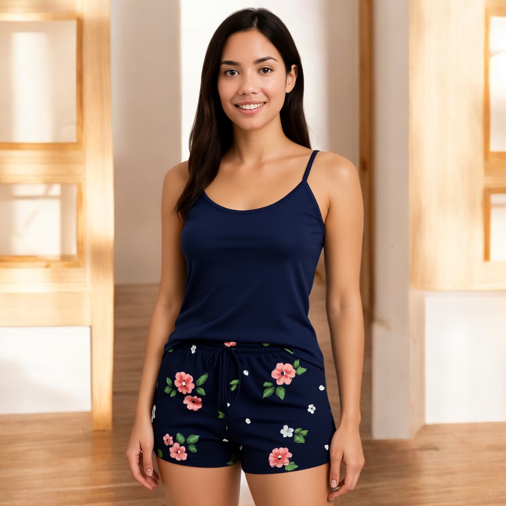 Pijama Feminino Verão Suede Regata com Short Estampado Conjunto Confortável e Estiloso Baby Doll