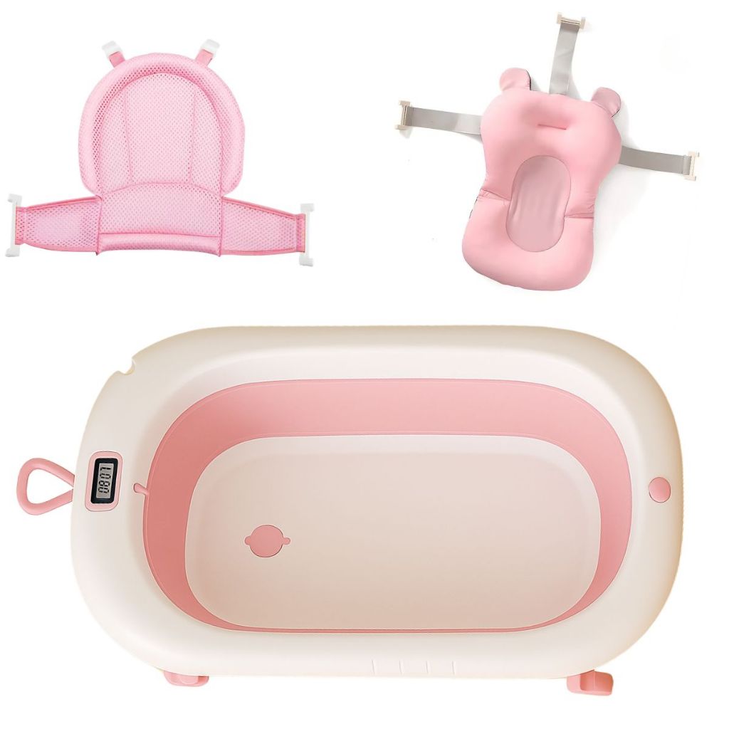 Kit Banheira Dobrável Almofada Rede Com Termômetro Banho Bebê Recém Nascido em Oferta na Shopee